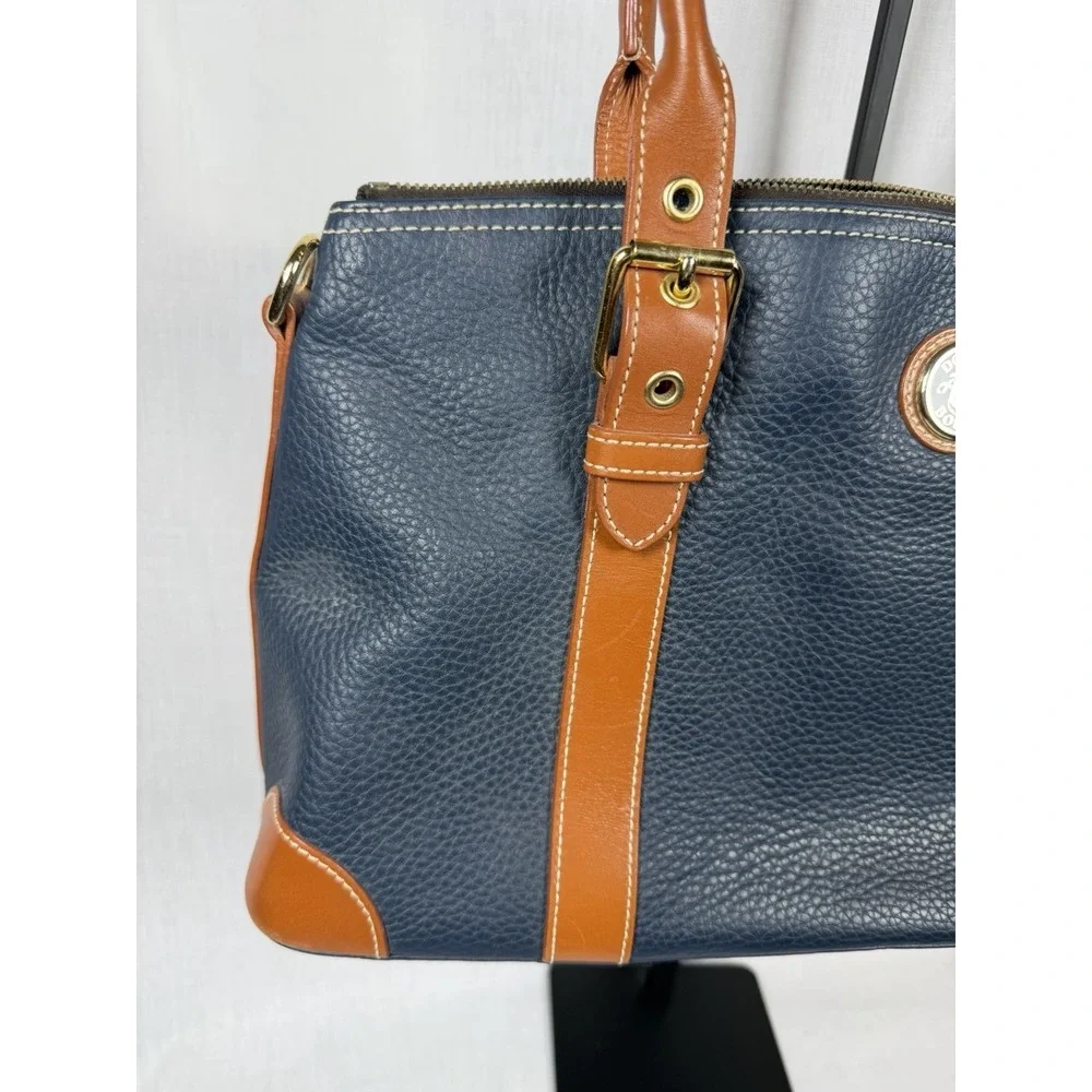 Dooney‎ & Bourke Pebbled Leather Domed Satchel Navy Tan Zip Shoulder Bag Luxury